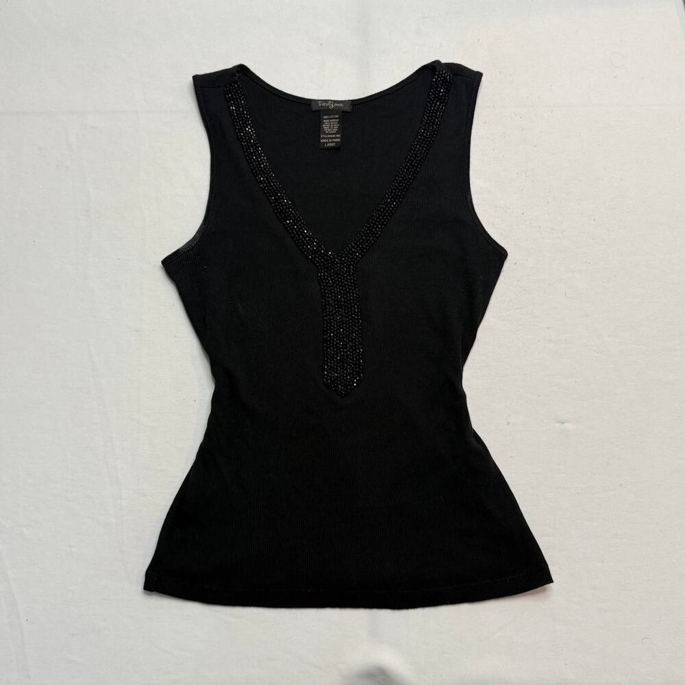 Y2K 2000s Black beaded cotton tank top rhinestone along the neckline size L - Picture 6 of 8
